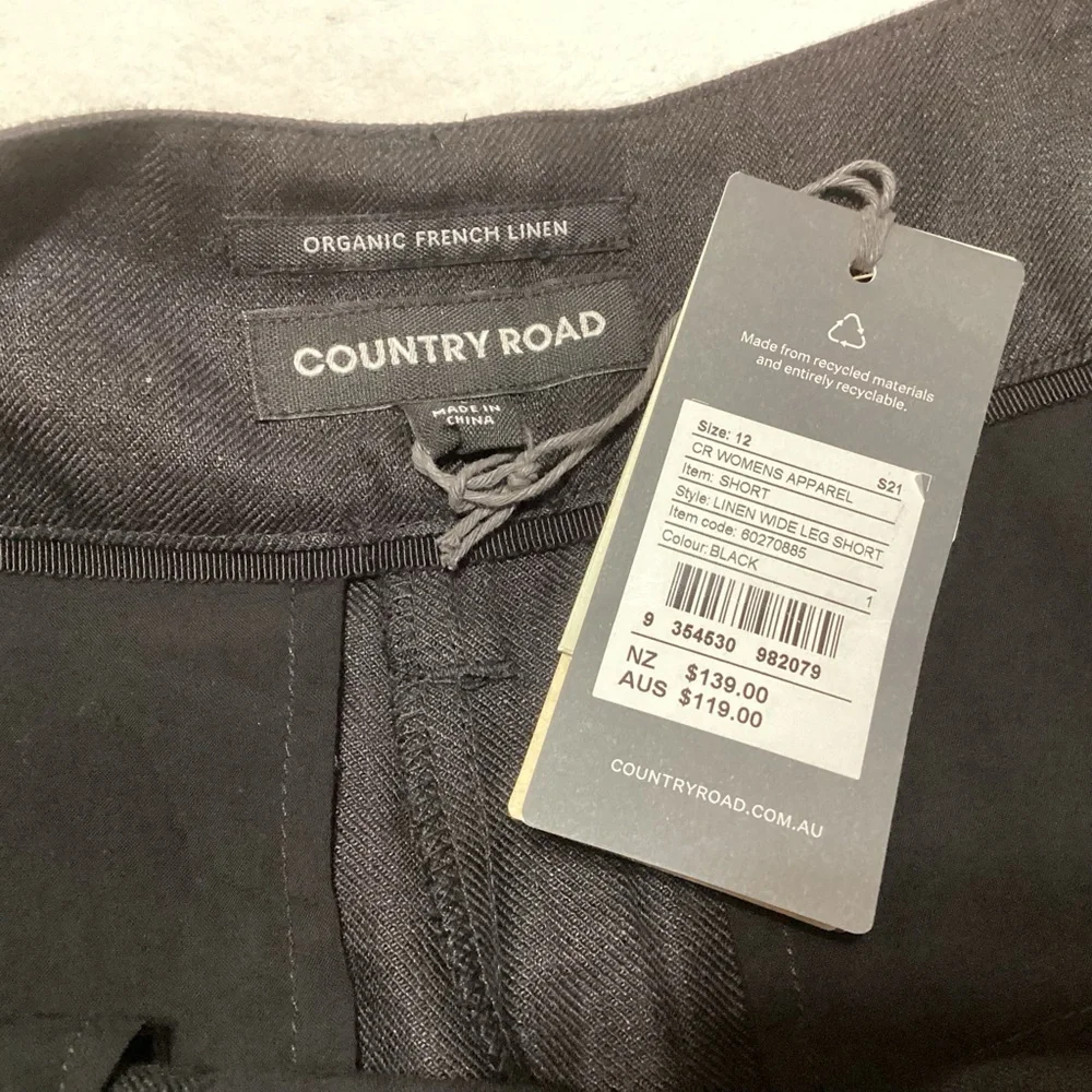 NEW Country Road Organic French Linen Wide Leg Shorts US 8 (AU/NZ 12) Black - Picture 4 of 11